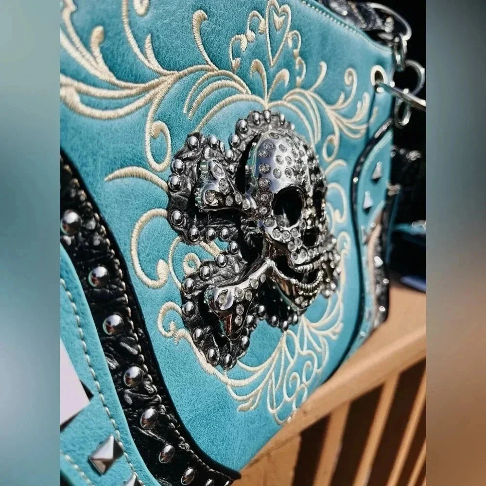 Turquoise Rhinestone Skull Concealed Carry Handbag and Wallet Set Handmade NWT - Picture 9 of 14
